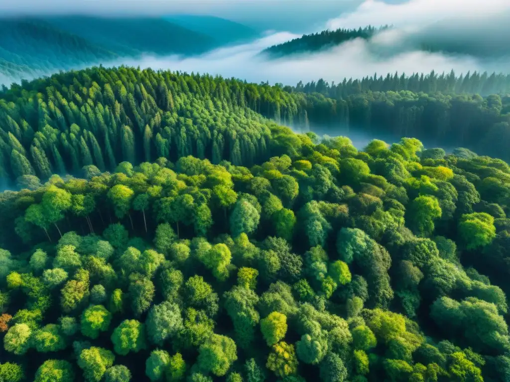 Un bosque exuberante visto desde arriba, con la luz del sol creando un mágico juego de luces y sombras