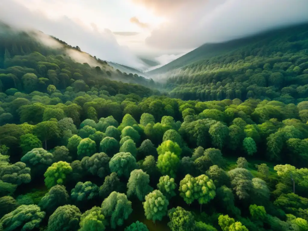 Un bosque exuberante visto desde arriba, con la luz del sol creando un juego de luces y sombras en el suelo del bosque