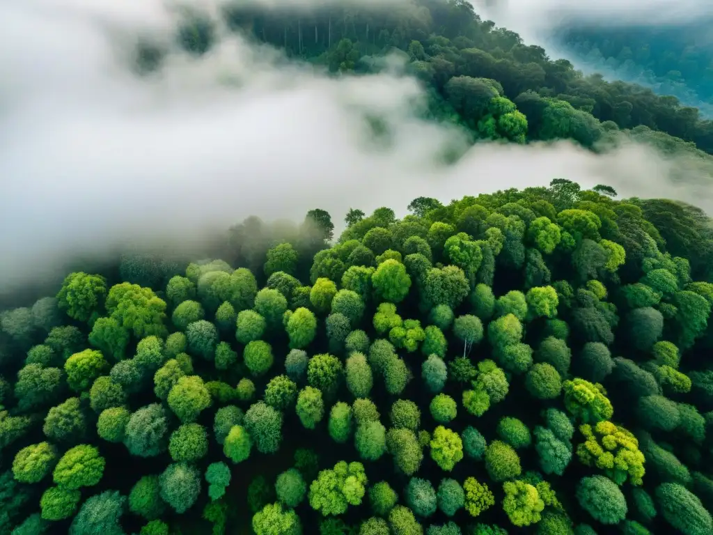 Bosque exuberante visto desde arriba, con rayos de sol entre las hojas