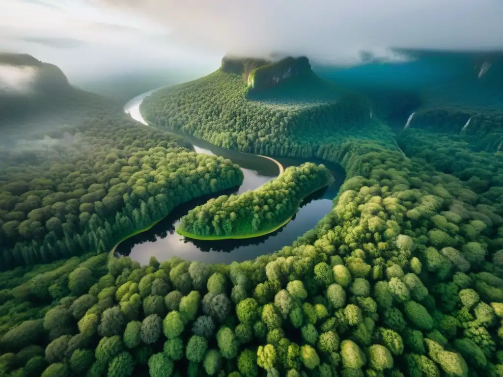 Un bosque infinito de árboles verdes con río cristalino, reflejando la importancia de la exploración sostenible agencias arquitectura