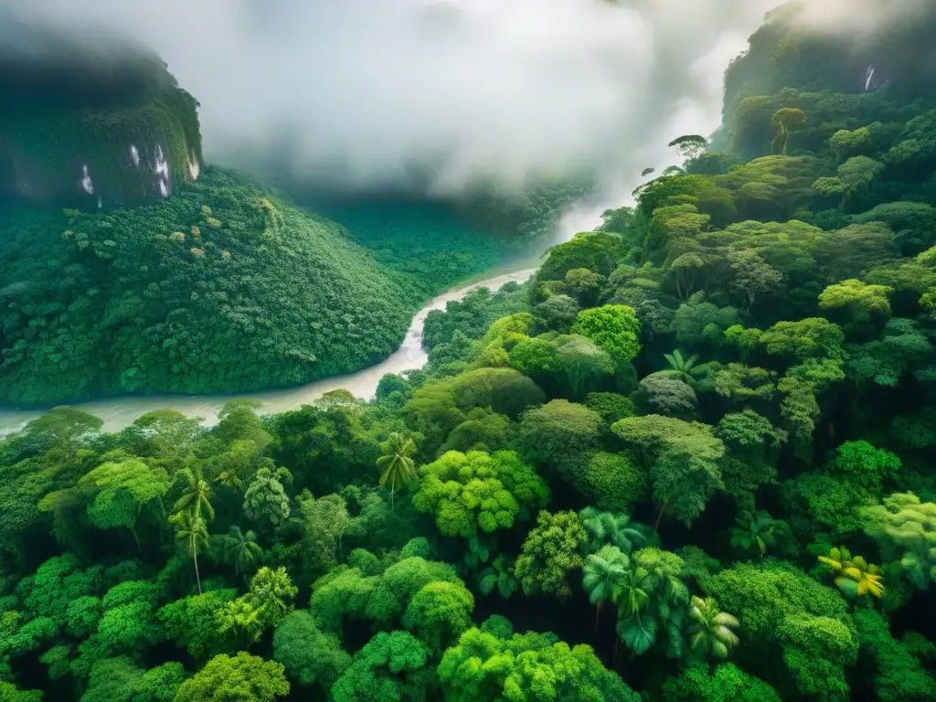 Un bosque lluvioso exuberante visto desde arriba con aves tropicales y cascadas