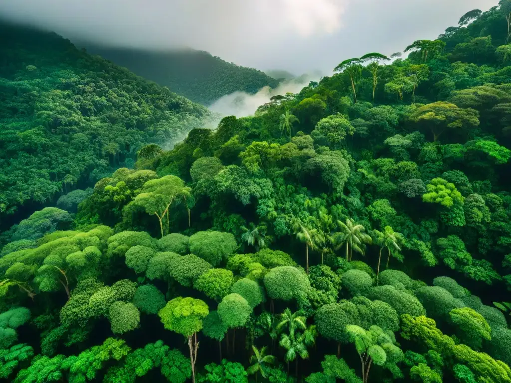 Un bosque lluvioso exuberante visto desde arriba, con luz solar filtrándose entre el denso follaje