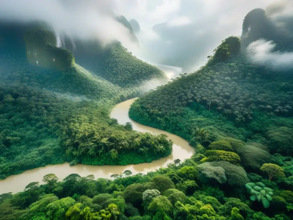 Un bosque tropical exuberante con aves exóticas en vuelo, un río serpenteante y una neblina suave