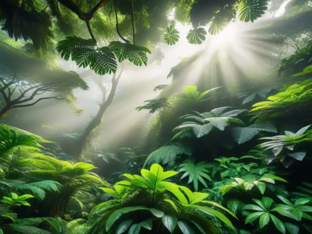 Un bosque tropical exuberante con rayos de sol filtrándose a través del follaje, creando un juego de luces y sombras en el suelo