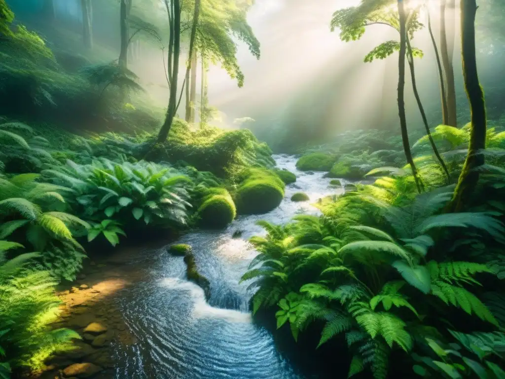 Un bosque verde exuberante con luz solar filtrándose a través del dosel, resaltando un arroyo brillante serpenteando por el paisaje