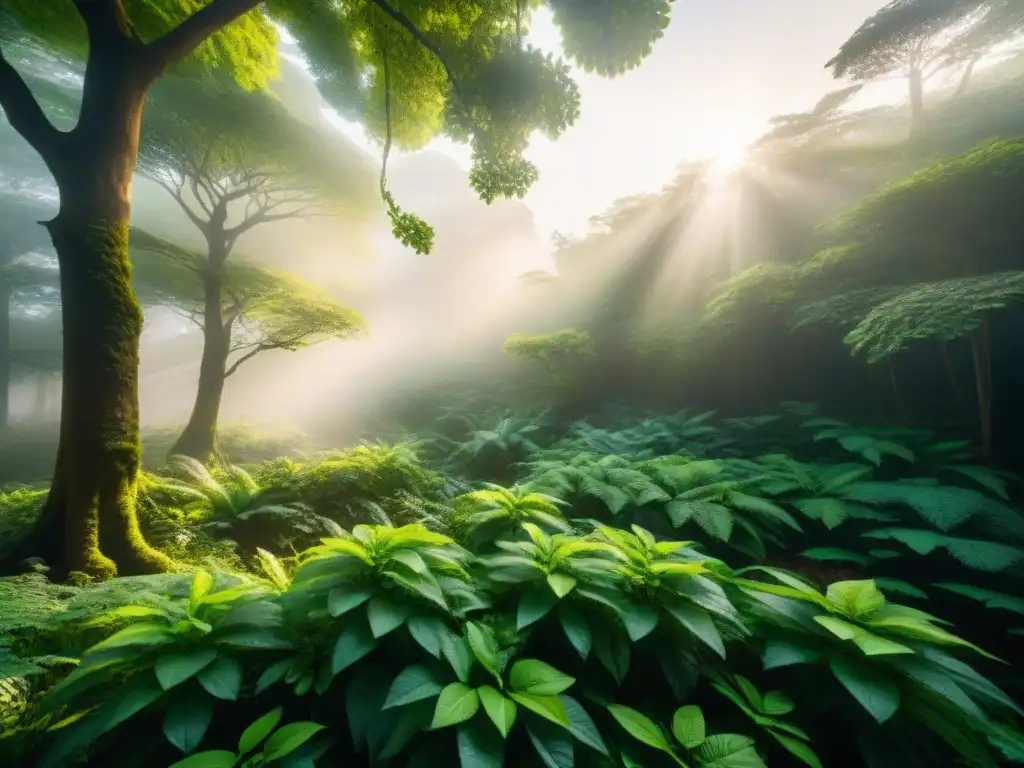 Un bosque verde exuberante con luz solar filtrándose entre el dosel, resaltando hojas vibrantes y creando una atmósfera serena y mágica