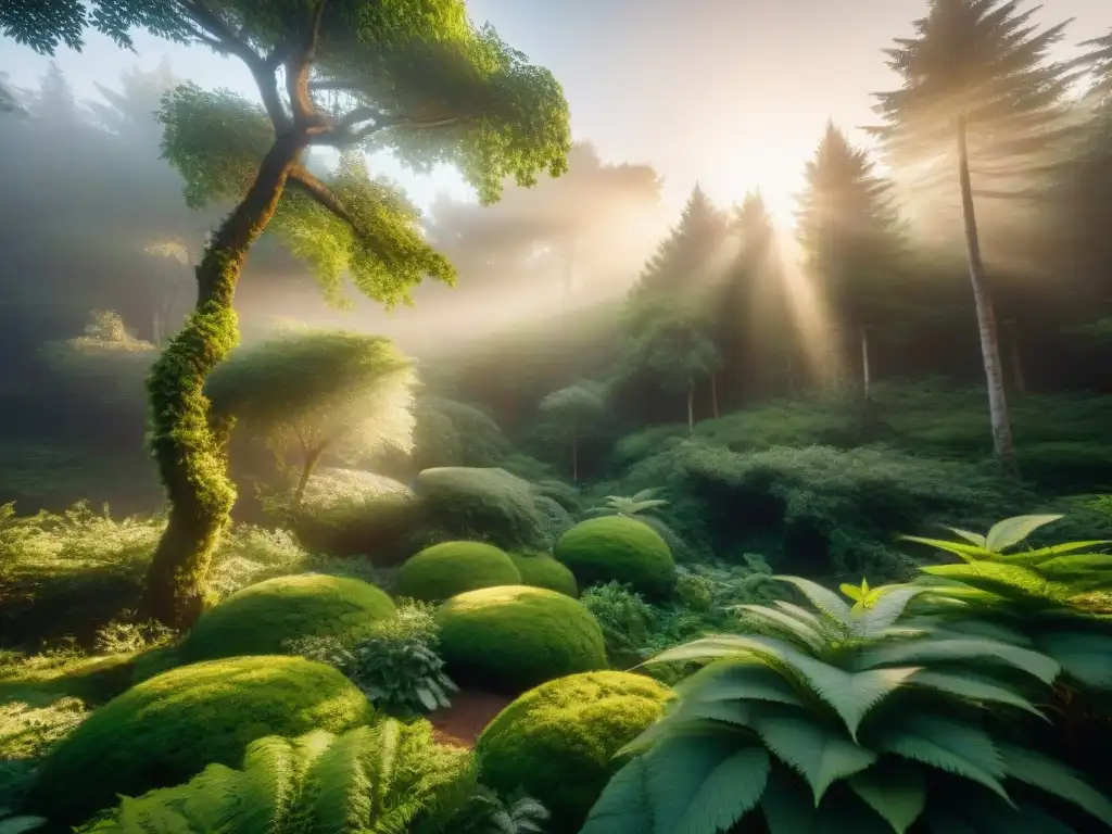 Un bosque verde exuberante con luz solar filtrándose entre el dosel, destacando materiales naturales como corcho, cáñamo y lana utilizados para aislamiento ecológico