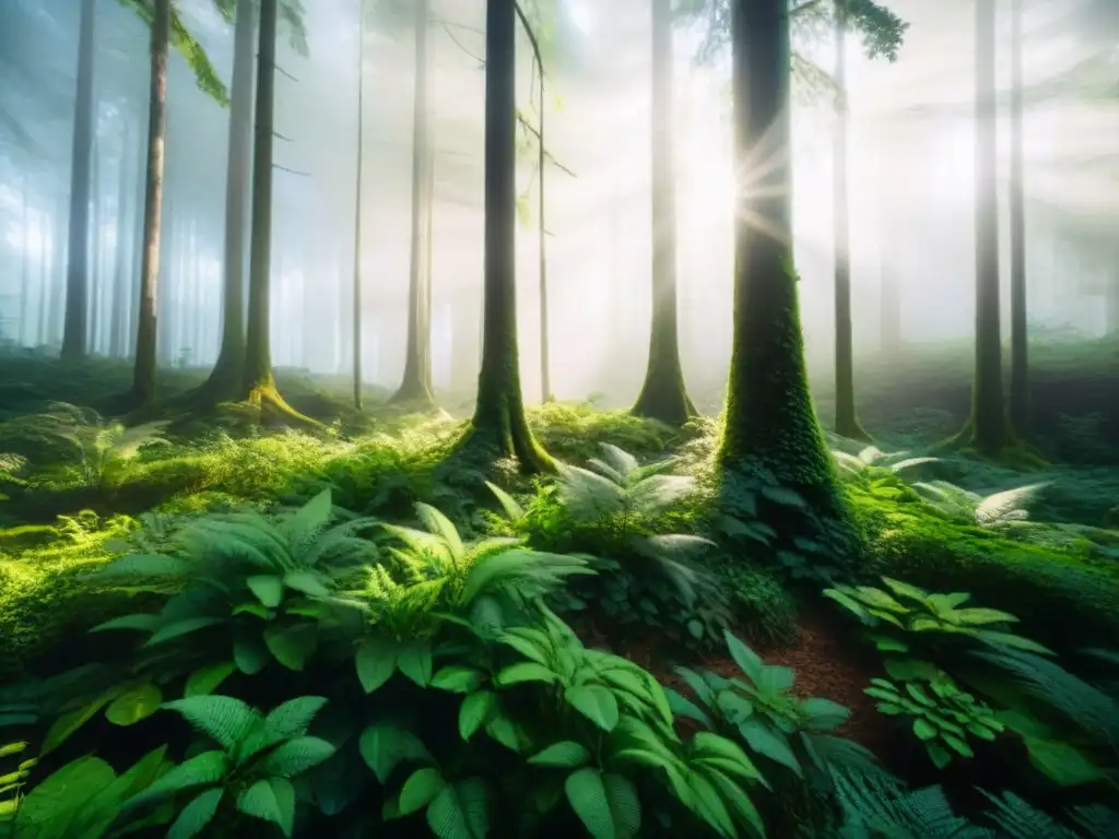 Un bosque vibrante y exuberante, con luz filtrándose entre el dosel, creando un juego hipnotizante de luces y sombras en el suelo del bosque