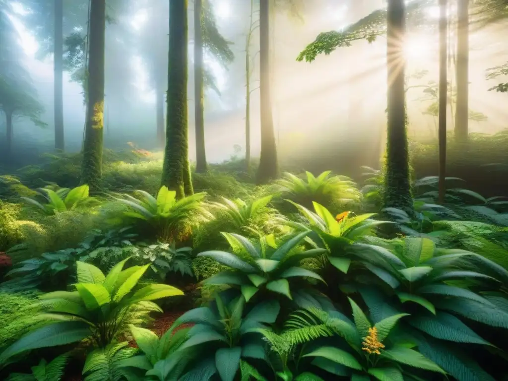 Un bosque vibrante y exuberante donde la luz solar ilumina plantas y vida silvestre nativa