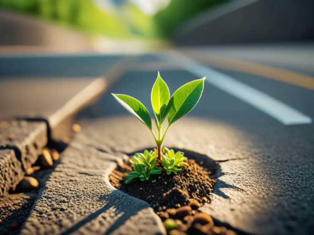 Un brote de planta verde vibrante emerge de una grieta en el pavimento, destacando la resiliencia de la naturaleza en entornos urbanos