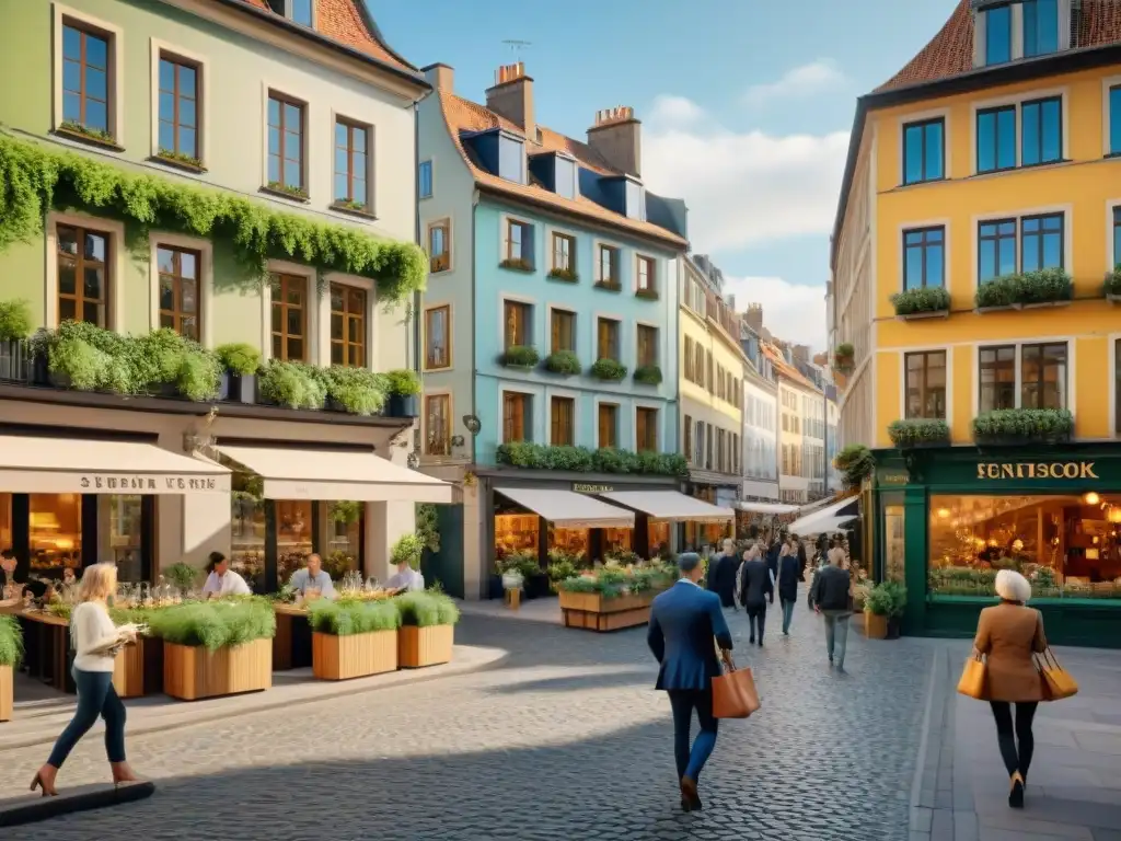 Una bulliciosa calle de ciudad europea con edificios históricos y un hotel sostenible, reflejando la fusión de comunidad y modernidad