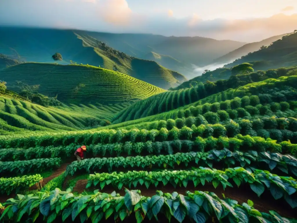 Plantación de café exuberante al amanecer con agricultores recolectando cerezas de café maduro, impacto económico certificaciones ecológicas