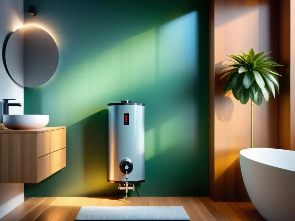 Un calentador inteligente para consumo eficiente en un baño contemporáneo, iluminado con luz ambiental suave