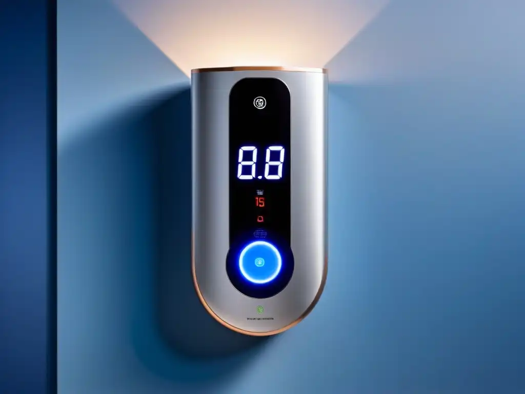 Un calentador inteligente para consumo eficiente en un baño moderno con pantalla LED y diseño futurista