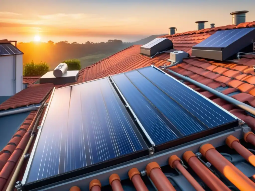 Calentamiento solar agua caliente en un techo residencial, capturando la energía del sol convertida en calor