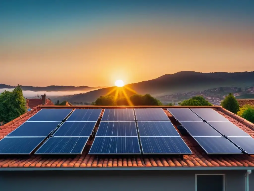 Cálido atardecer iluminando un hogar suburbano con instalaciones solares para hogares