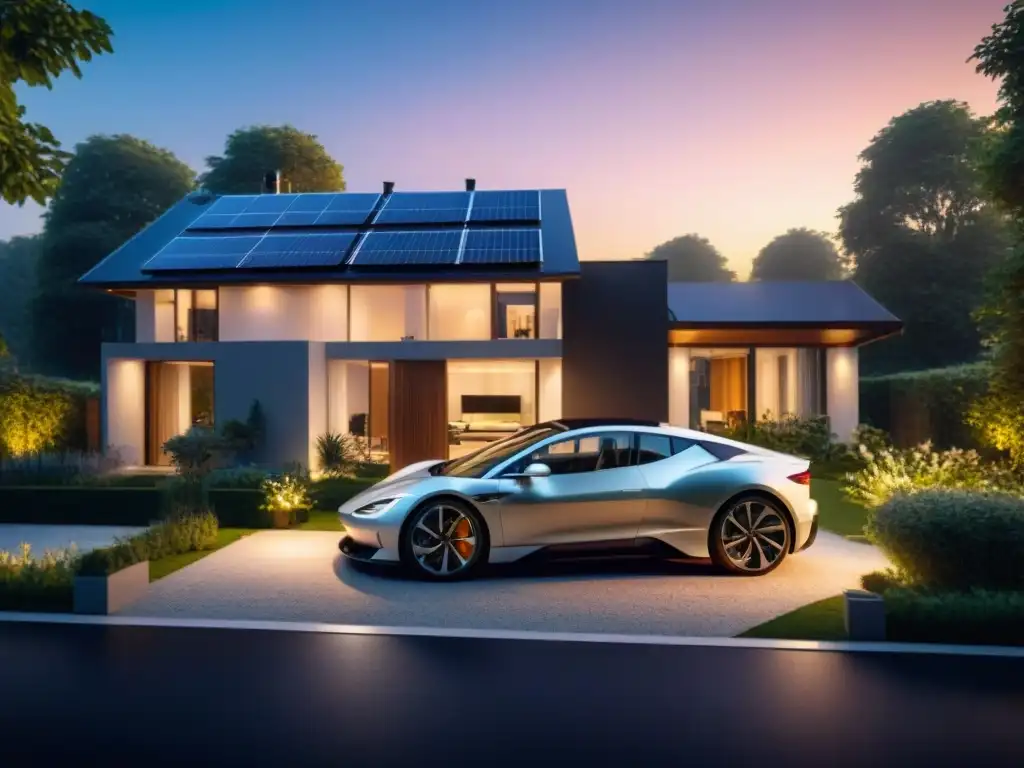 Cálido atardecer en vivienda sostenible con paneles solares, autos eléctricos y jardín verde