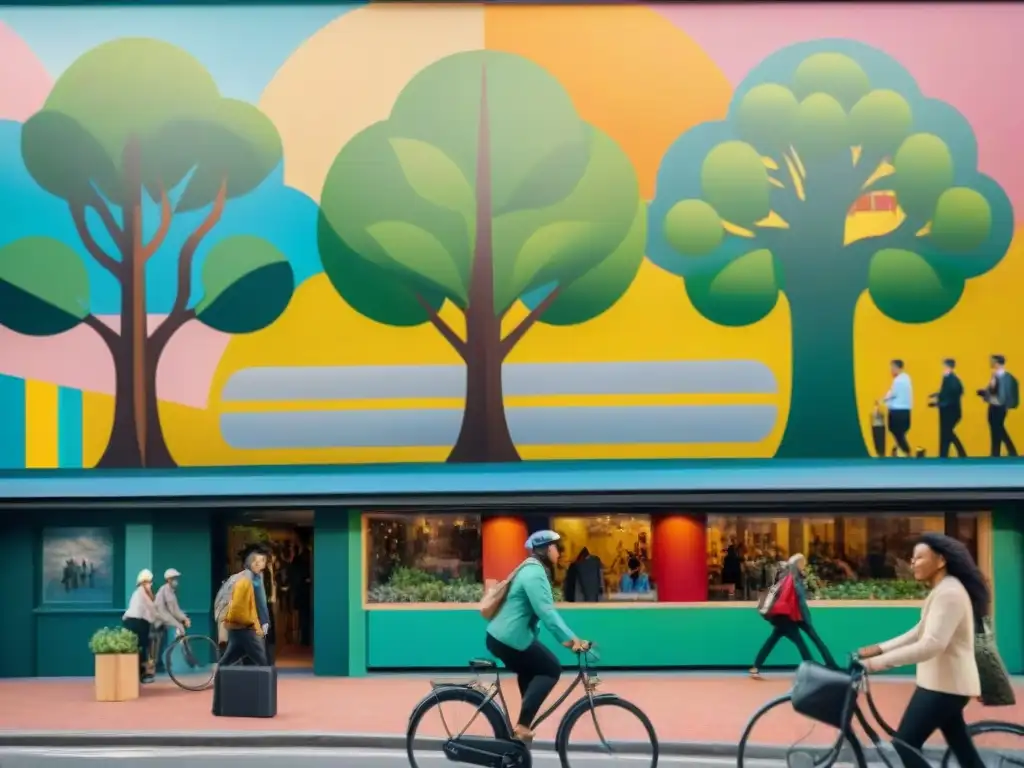 Una calle bulliciosa de la ciudad se transforma en una vibrante zona para peatones, con un mural colorido y diversidad de personas caminando y socializando