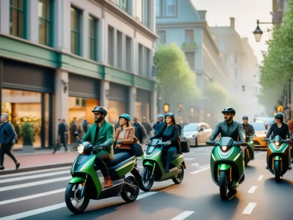 Una calle de ciudad animada con personas, ciclistas y vehículos eléctricos, rodeada de espacios verdes