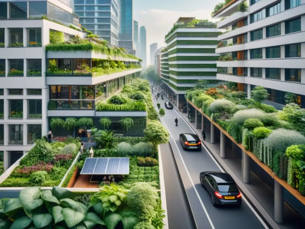 Una calle de ciudad bulliciosa con personas, bicicletas y transporte público rodeados de vegetación