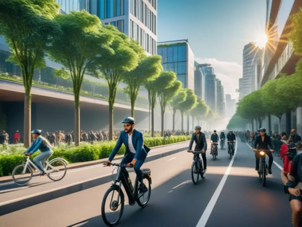 Una calle de la ciudad llena de bicicletas eléctricas, rodeada de vegetación y edificios modernos con paneles solares