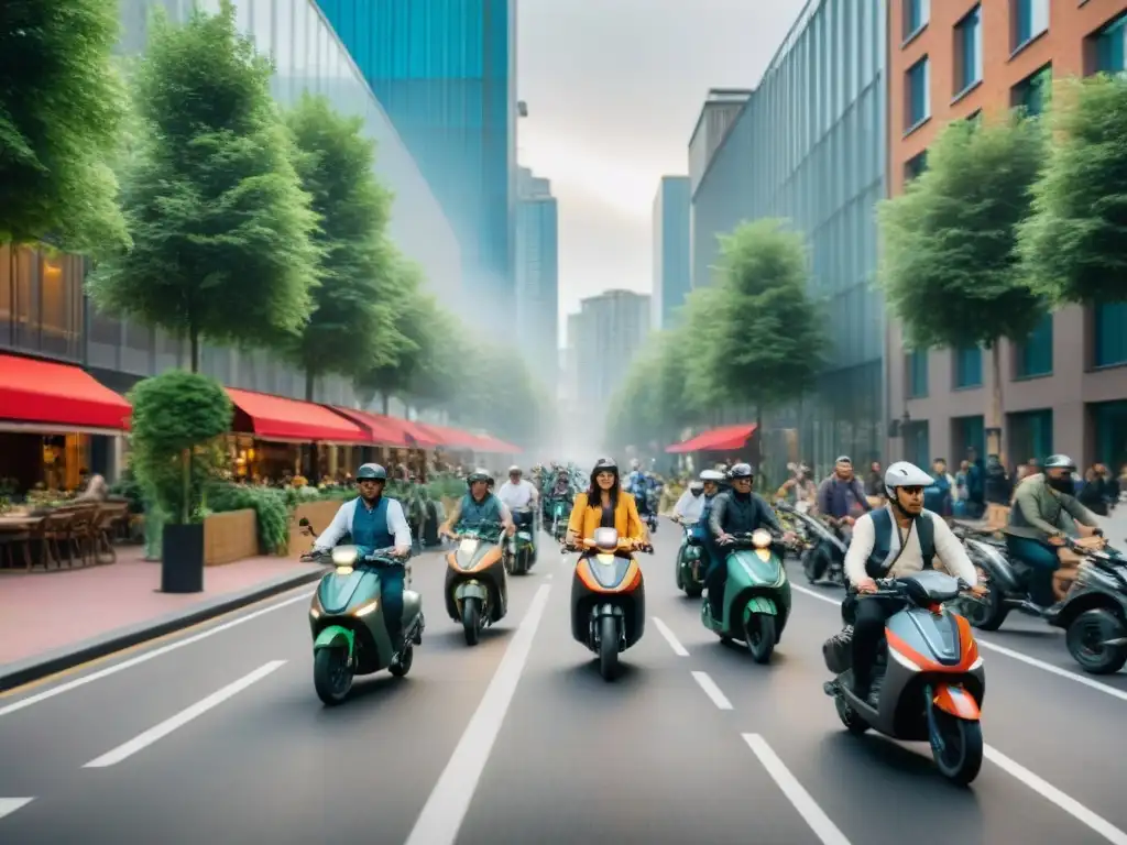 Una calle de la ciudad llena de gente en bicicleta, caminando y usando scooters eléctricos, rodeada de vegetación y edificios ecológicos