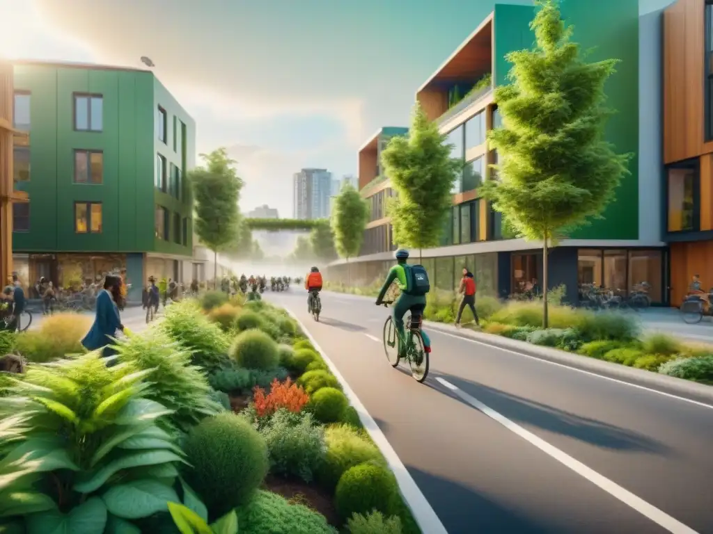 Una calle de la ciudad llena de vida, con peatones, ciclistas y vehículos eléctricos en armonía con la naturaleza y la infraestructura sostenible, destacando ayudas movilidad sostenible comunidades verdes