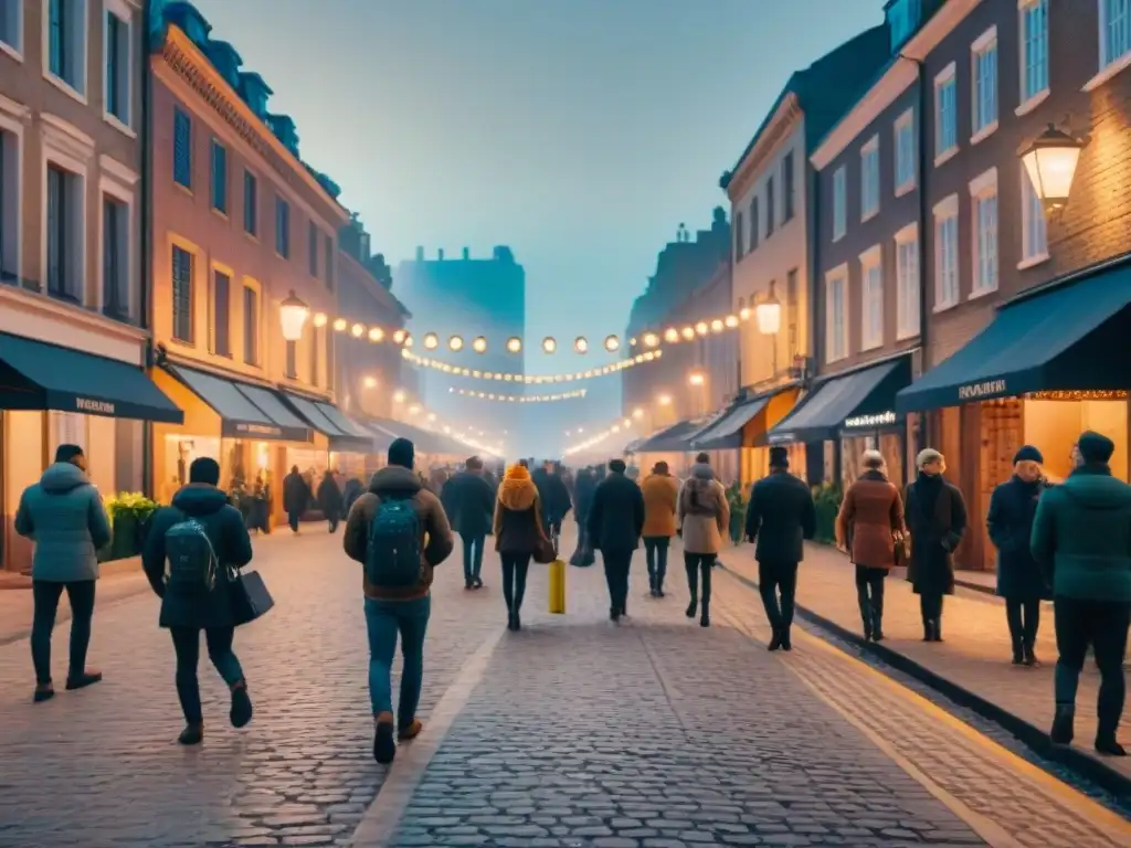 Una calle urbana bulliciosa de noche, iluminada por luces cálidas y LED vibrantes, fusionando lo tradicional y lo moderno