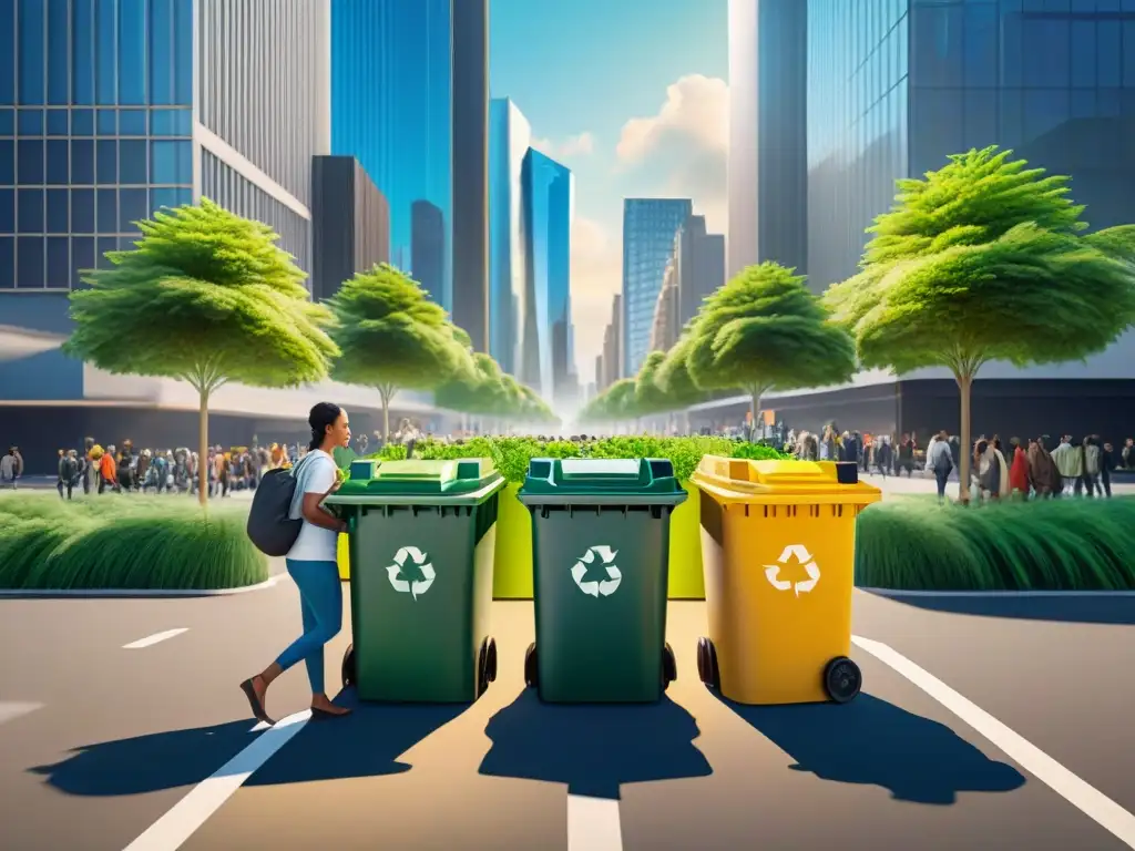 Una calle urbana bulliciosa con personas reciclando en ciudad moderna, liderando la gestión de residuos