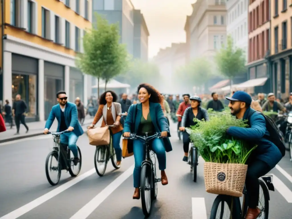 Una calle urbana llena de personas de diversas edades y culturas, comprometidas con actividades ecológicas