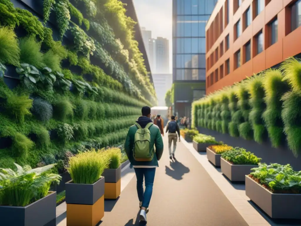 Una calle urbana vibrante con edificios verdes integrando naturaleza