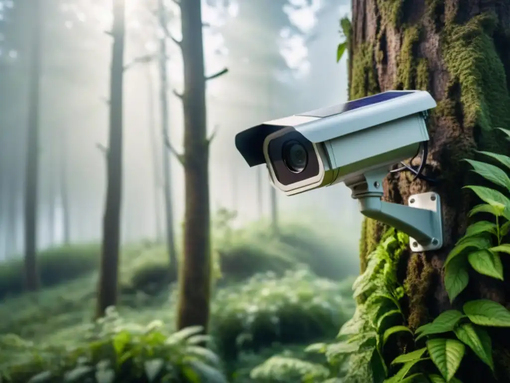 Una cámara de seguridad solar en un árbol verde en un bosque vibrante