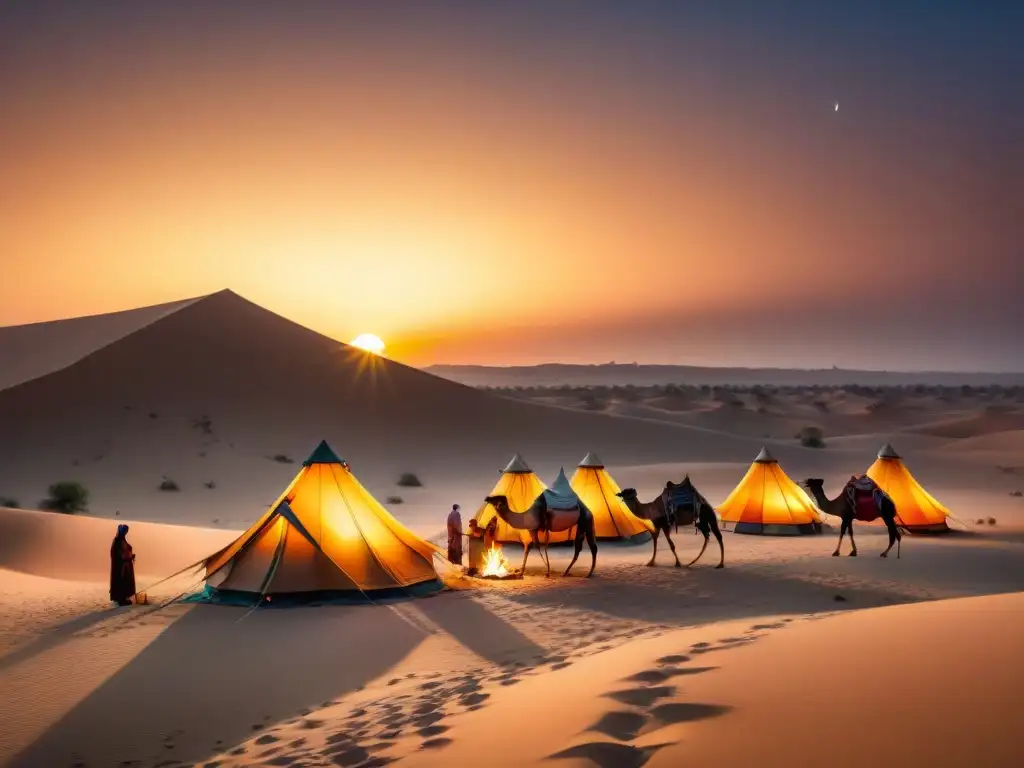 Campamento ecológico en desierto sostenible al atardecer, con Beduinos, camellos y estrellas