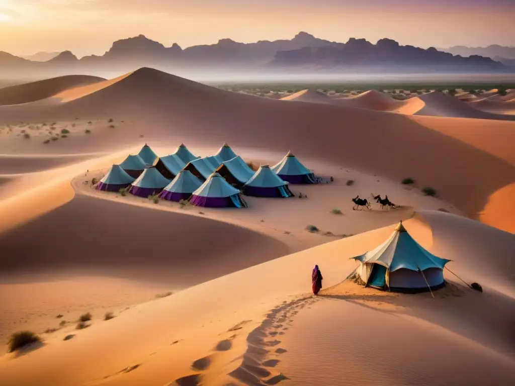 Campamento ecológico en desierto sostenible: tiendas beduinas, dunas al atardecer, luz dorada y caravana de camellos