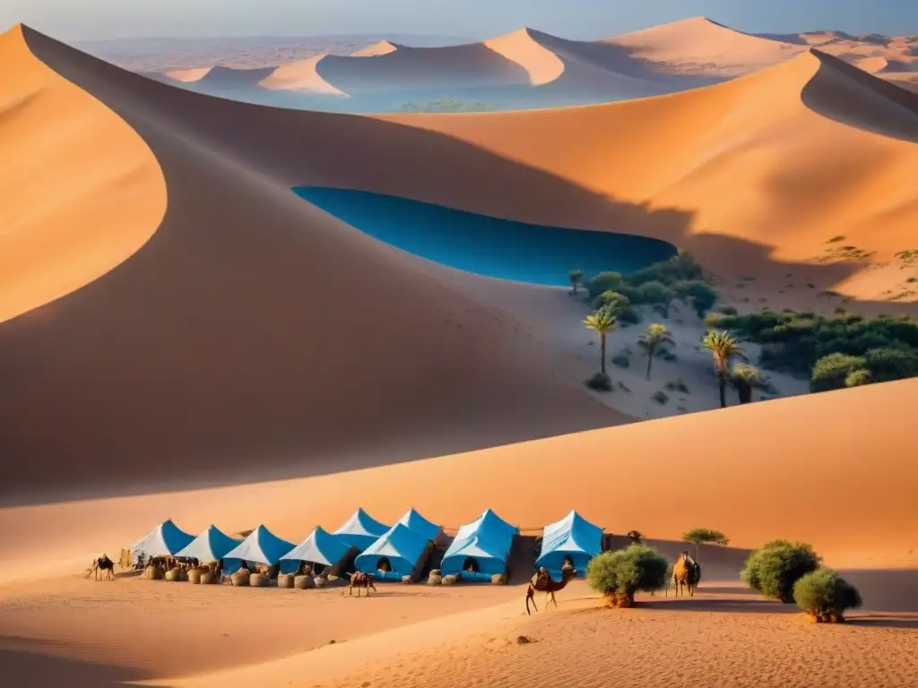 Campamento ecológico en el desierto: tiendas de materiales naturales y camellos pastando bajo un cielo azul