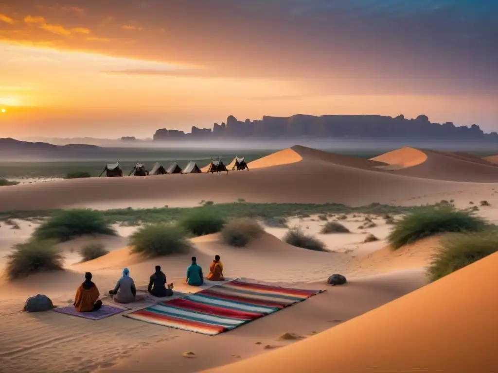 Campamento ecológico en desierto: tiendas Beduinas, yoga al atardecer, camellos y duna al fondo