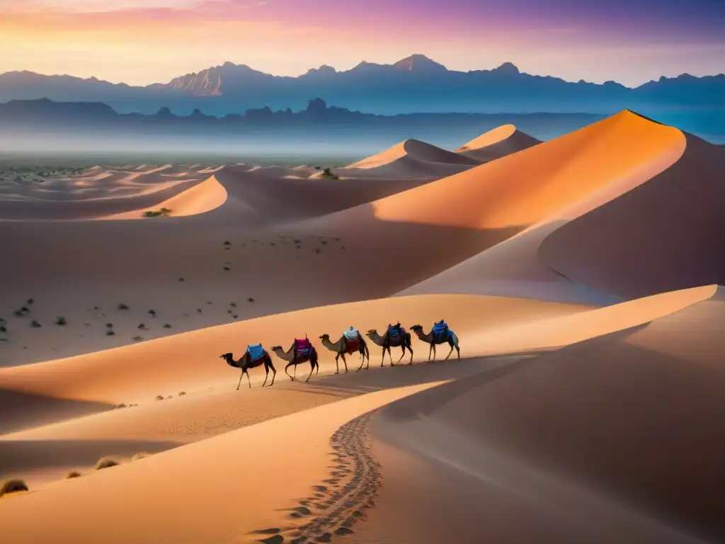 Campamentos ecológicos en un desierto sostenible al atardecer, tiendas ecofriendly y caravana de camellos en un paisaje sereno y cálido