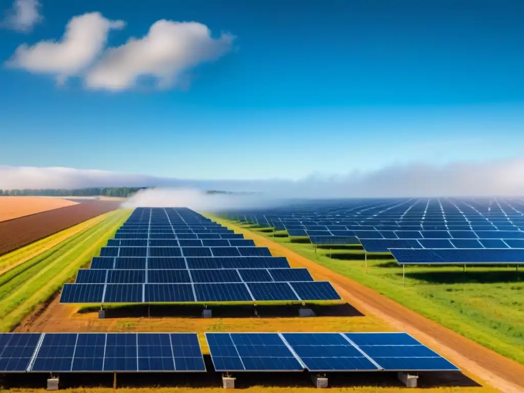 Un campo extenso de paneles solares relucientes se extiende hacia el horizonte bajo un cielo azul claro con algunas nubes blancas esponjosas