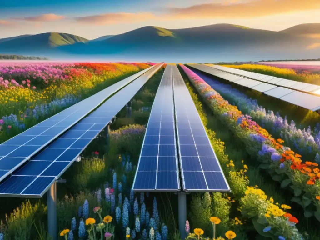 Un campo de flores silvestres bajo paneles solares, mostrando la armonía entre energía renovable y biodiversidad