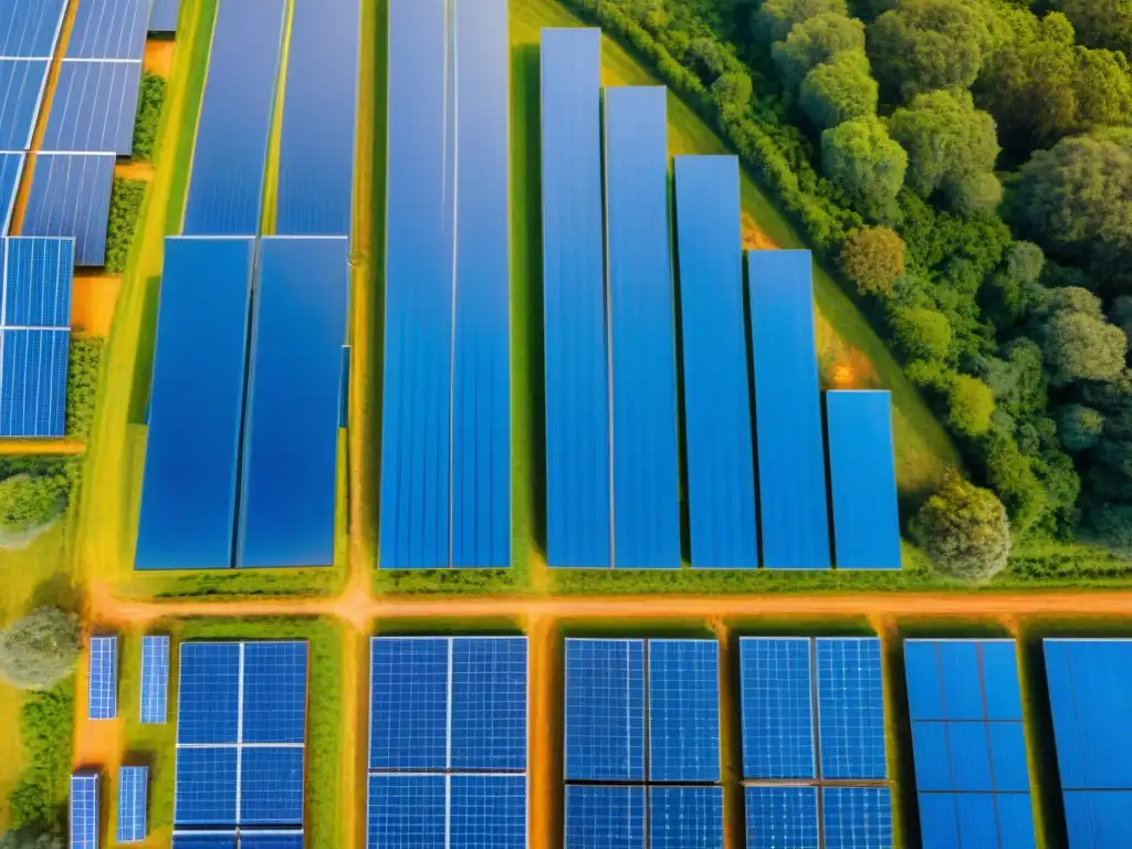 Un campo de paneles solares brillantes bajo el sol, trabajadores inspeccionando