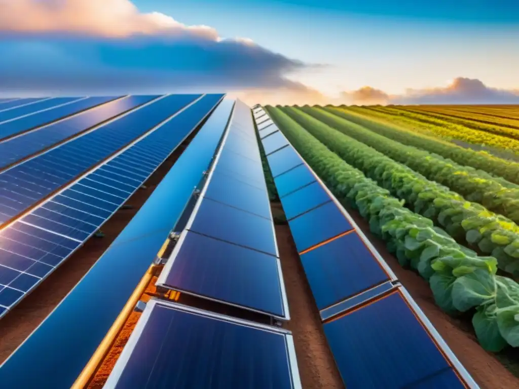 Un campo de paneles solares bajo un cielo azul, reflejando luz solar y mostrando la innovación de las normativas energías renovables construcción