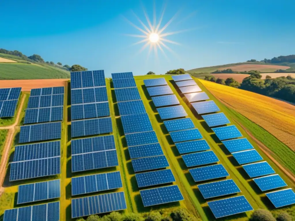 Un campo de paneles solares vibrantes bajo un cielo azul, con abejas y mariposas, simbolizando la armonía entre tecnología y naturaleza