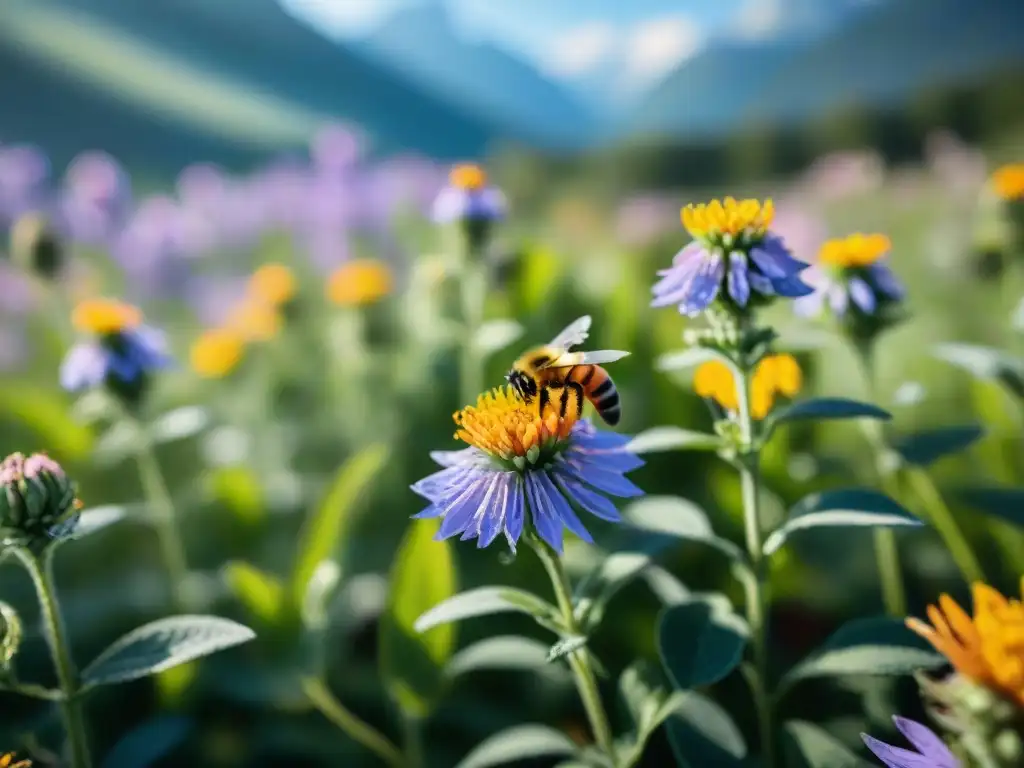 Un campo vibrante de flores silvestres con abejas de colores diversos, iluminado por el sol