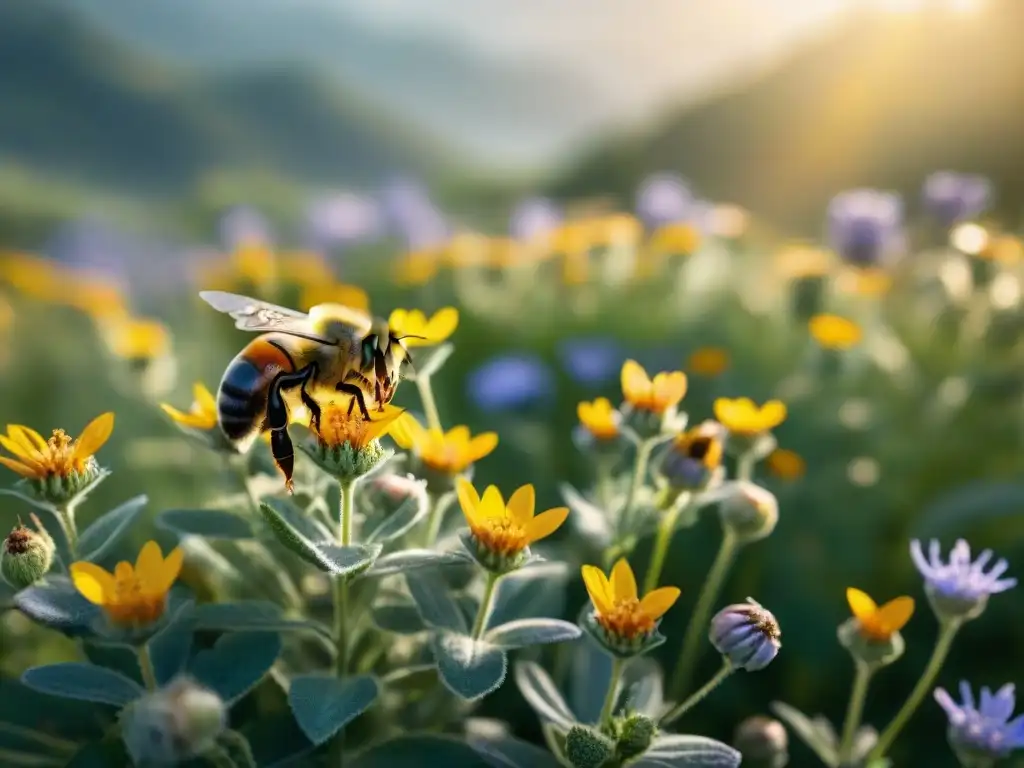 Un campo de flores silvestres vibrantes con abejas recolectando néctar, en armonía con la biodiversidad