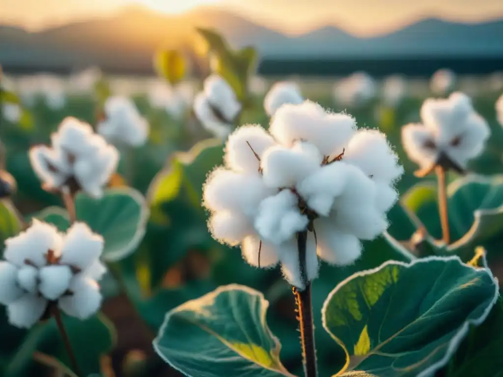 Campos de algodón orgánico al amanecer, listos para la cosecha