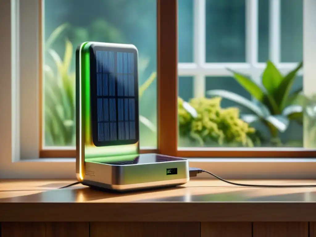 Un cargador solar elegante y moderno en una casa ecológica, iluminado por la luz del sol