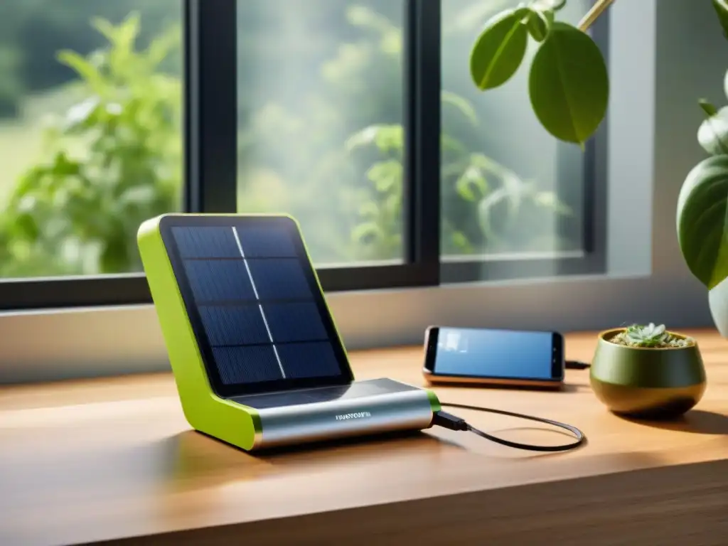 Cargador solar Nomad 7 de Goal Zero en un hogar ecológico, cargando smartphone y tablet en un ambiente moderno y sostenible