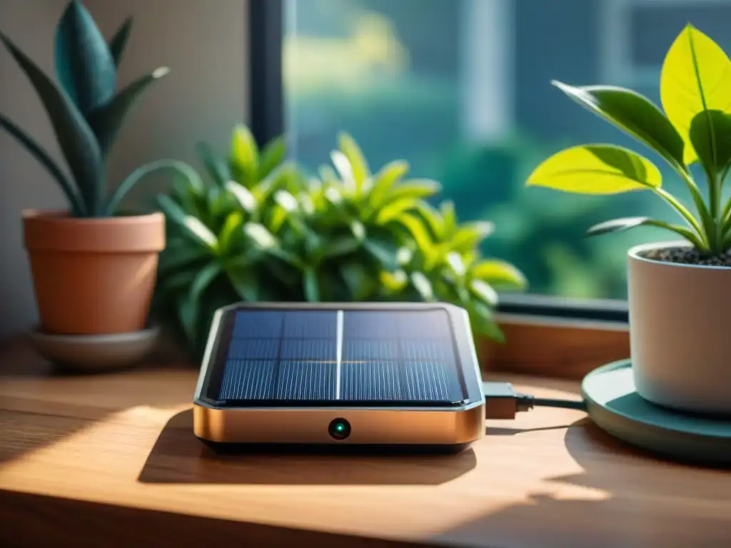 Un cargador solar moderno en una mesa de madera con luz natural, junto a una planta verde