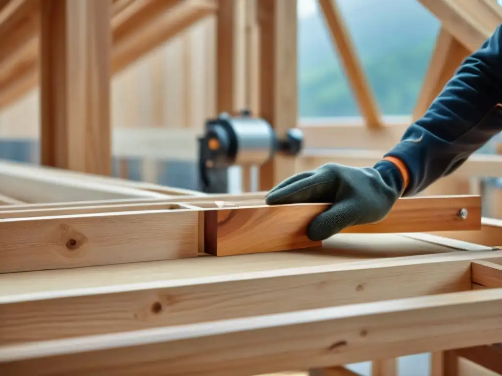 Un carpintero experto ensambla con precisión una estructura de madera laminada cruzada, destacando sus beneficios