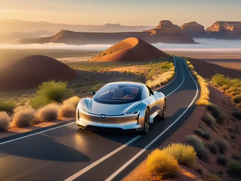 Un carro solar futurista recorre un desierto al atardecer, reflejando esperanza en la energía solar en transporte personal